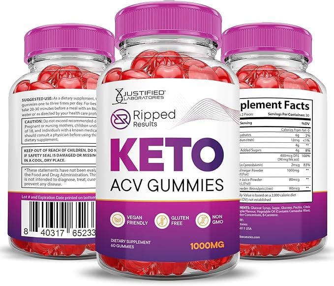 Justified Laboratories Ripped Results Keto ACV Gummies Advanced Formula 1000MG Ripped Results Keto Gummies Apple Cider Vinegar Formulated with Pomegranate Beet Juice Powder B12 Vegan Non GMO 60 Gummys