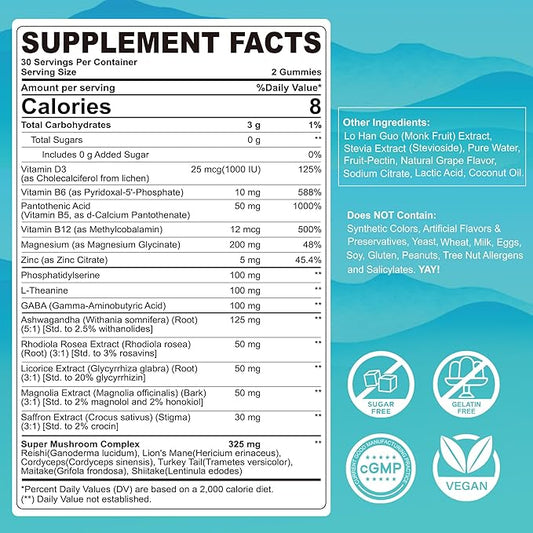 Cortisol Gummies for Women & Men, Sugar Free Cortisol Reducer Supplements w/ Magnesium, Ashwagandha, Mushroom, L-theanine, Rhodiola, Vitamin B6 B12 for Cortisol Detox, Relax, Sleep Support 2 Pack