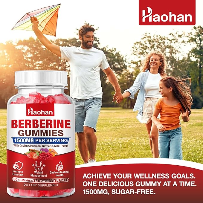 Haohan Berberine Gummies, 1500mg High Potency Berberine HCl, Ceylon Cinnamon, Milk Thistle, Immune System & Metabolism Support, Vegan, Strawberry Flavor, 60 Count