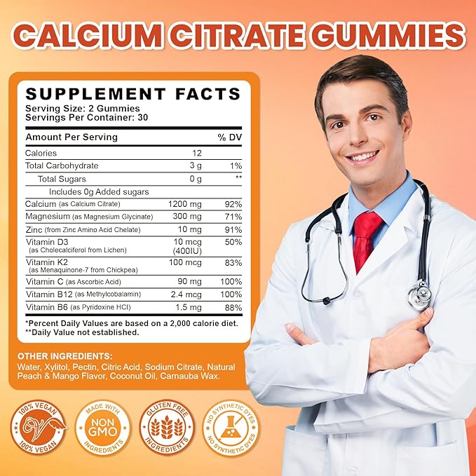 Calcium Citrate Gummies - 1200mg Calcium Gummies Supplements for Women & Men with Vitamin D3, K2, Magnesium, Zinc High Absorption for Bone, Muscle & Immune Support, Peach & Mango Flavor, 120 Count