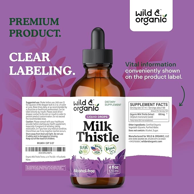 Wild & Organic Milk Thistle Liquid Drops - Liver Cleanse Detox - Silymarin Milk Thistle Supplement for Liver Support - Add to Tea - Silybum Marianum Seed Extract Tincture - Sugar & Alcohol-Free - 4 oz