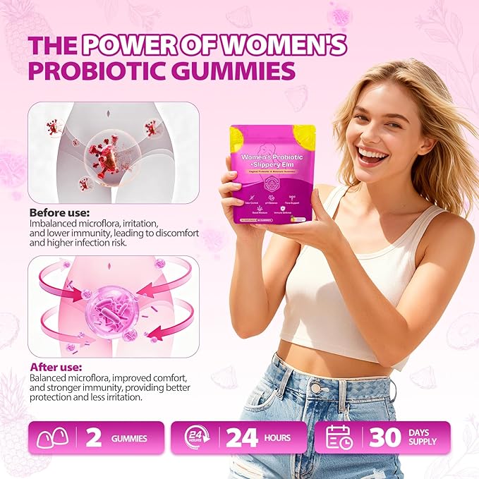 Slippery elm Feminine Probiotic + Moisture Gummies–Supports pH Balance, Vaginal Flora & Odor Health– with Bacillus coagulans and Slippery Elm – Delicious Pineapple Flavor, 60 Count.