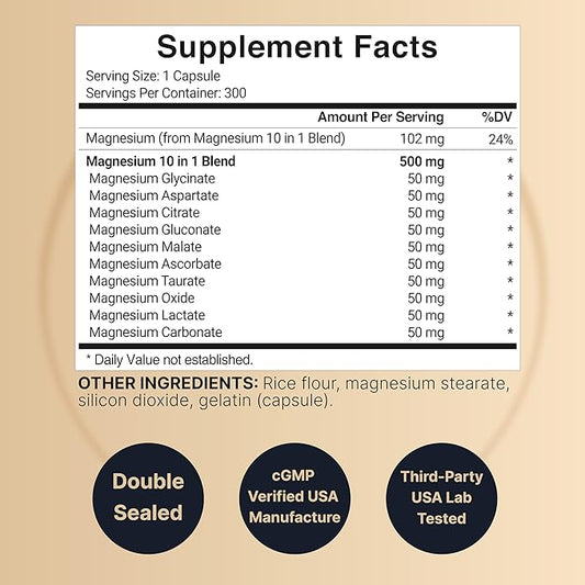 Magnesium Complex 500mg, 300 Capsules | 10-in-1 Magnesium Glycinate, Citrate, Malate & More | Chelated Form for Easy Absorption | Non-GMO