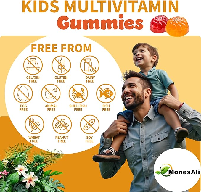 Kids Multivitamin Gummies with Iron & Probiotics - Vegan, Gelatin-Free, Halal, Orange & Strawberry Flavors, 90 Count