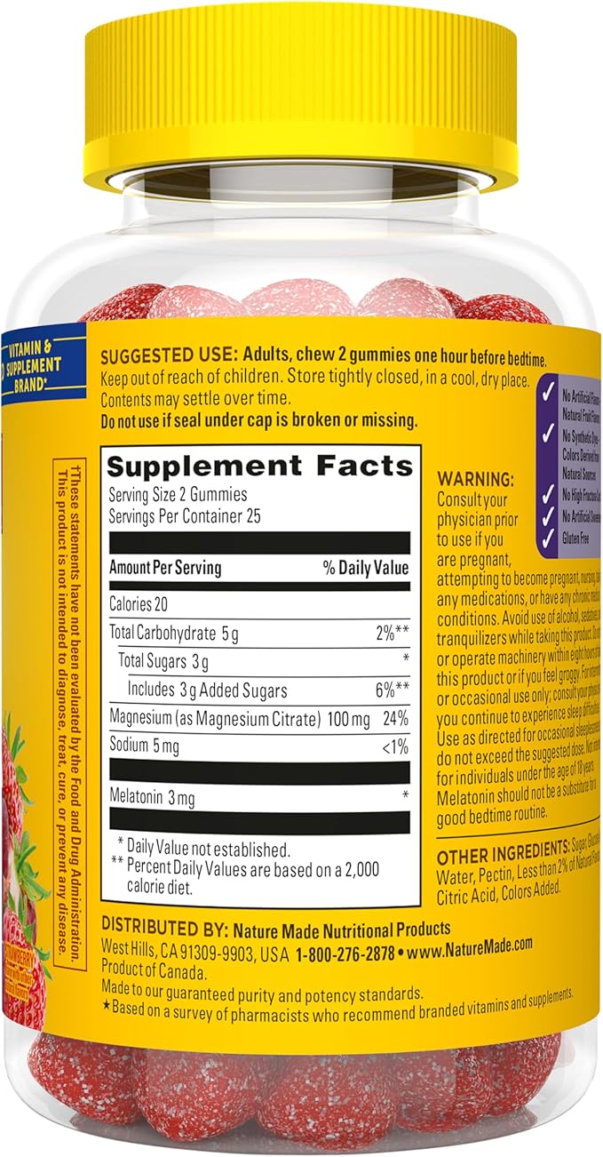 Nature Made Melatonin + Magnesium Gummies, Sleep and Relax Support, Melatonin 3mg Non-Habit Forming Sleep Aid, Magnesium Citrate, 50 Gummies