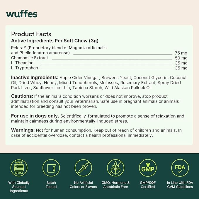Wuffes Calming Soft Chews for Dogs, Stress Support Supplement with Relora®, L-Theanine, L-Tryptophan & Chamomile, Non-Drowsy Calming Relief for All Dogs, 60 Soft Chews