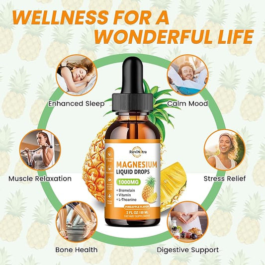 2 Pack Magnesium Glycinate Liquid Drops, 1000mg of Liquid Magnesium Complex Drops for Sleep, Nerve, Energy, Muscle, Bone, Calm & Digestion, High Absorption, 2 Fl Oz, Pineapple Flavor