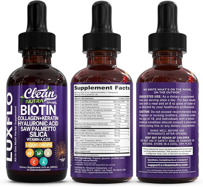 Liquid Biotin & Collagen Keratin Hyaluronic Acid Saw Palmetto Drops Vitamins for Hair Growth Support Silica Vitamin A C D Bamboo Turmeric Zinc Folate Magnesium Horsetail LuxFlo By Clean Nutra