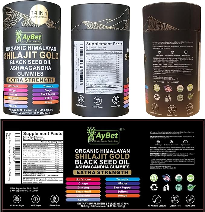 Organic Himalayan Shilajit Gold Gummies for Men and Women, Black Seed Oil, Ashwagandha, Ginseng, Turmeric, Gokshura, Lion's None, Lab Tested,%75 Fulvic Acid, No Sugar Added, Halal, 90Gummy