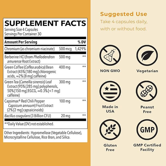 LifeSeasons GLP-1 Support Supplement – Appetite Control, Weight Management, Metabolism Booster with Berberine, Chromium, EGCG, Green Coffee Bean & Red Chili Peppers - 120 Capsules