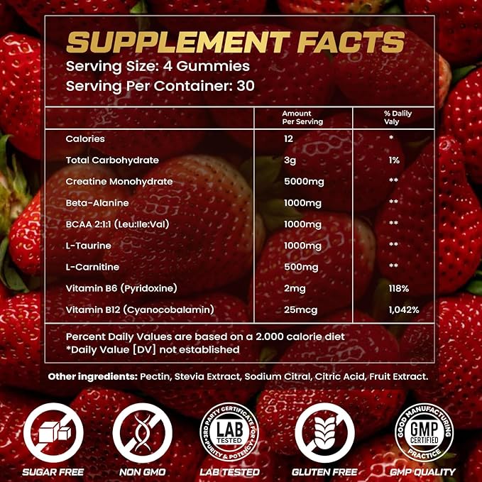 Creatine Monohydrate Gummies for Men & Women, 9000MG Creatine Gummies Sugar Free with L-Taurine, BCAA 2:1, B12 B6 for Boost Strength, Focus & Endurance, Vegan, Non-GMO, Strawberry, 120pcs