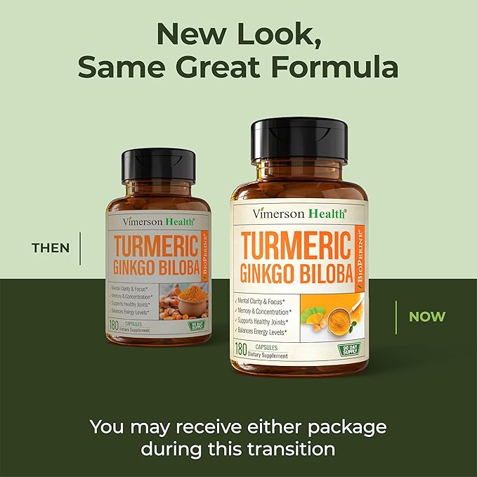 Ginkgo Biloba and Turmeric Curcumin Supplement with Black Pepper & Organic Tumeric – Natural Turmeric Supplement for Focus, Memory, Joint & Brain Health – 180 Vegan Ginko Biloba Capsules with Curcuma
