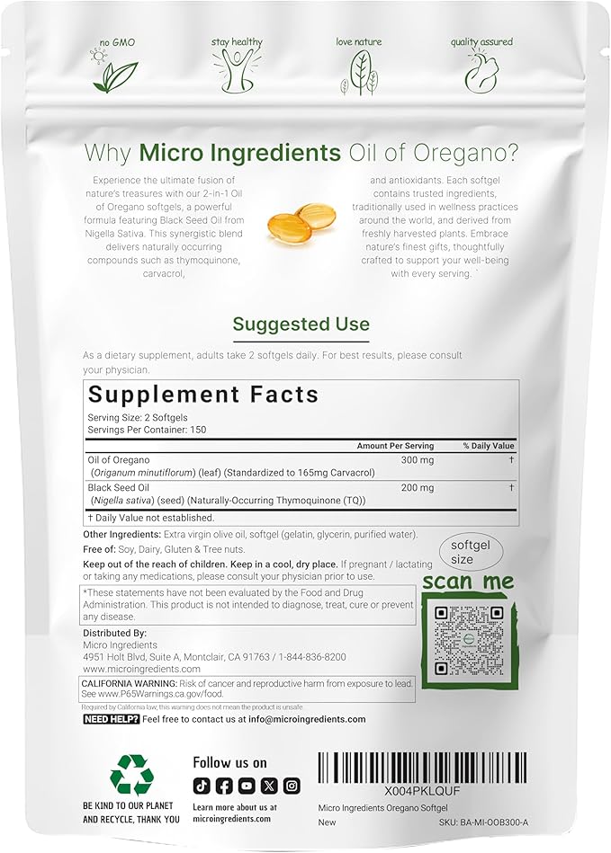 Micro Ingredients Oil of Oregano Softgels, 300 Count | 2 in 1 Formulated with Black Seed Oil | 4X Strength Carvacrol & Thymoquinone | Plant Based, Non-GMO