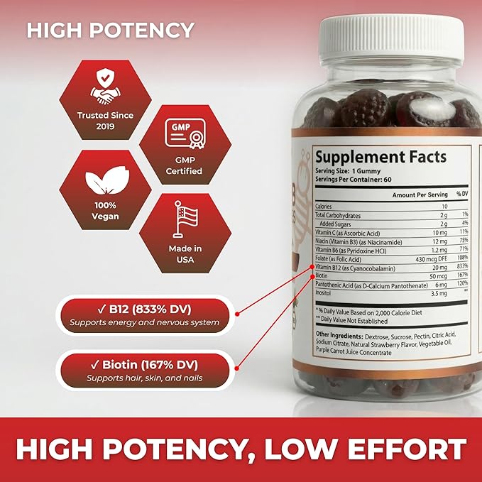 O NUTRITIONS Vitamin B Complex Gummies for Women & Men – High Potency B12 (833% DV) & Biotin – Energy, Mood & Metabolism Support – Vegan Strawberry Gummy Vitamins – 60 Gummies, 2-Month Supply