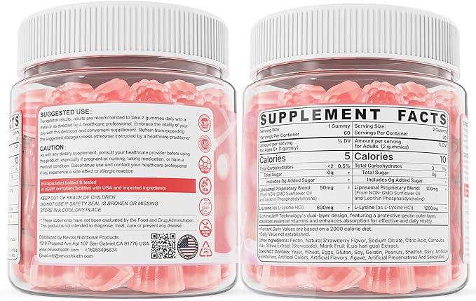 Liposomal L-Lysine Gummies 1200mg | High Absorption Immune & Skin Support | Vegan Amino Acid Supplement for Adults & Kids | Lips & Oral, Bone & Collagen Health | Non-GMO, Sugar-Free, 60 Gummies