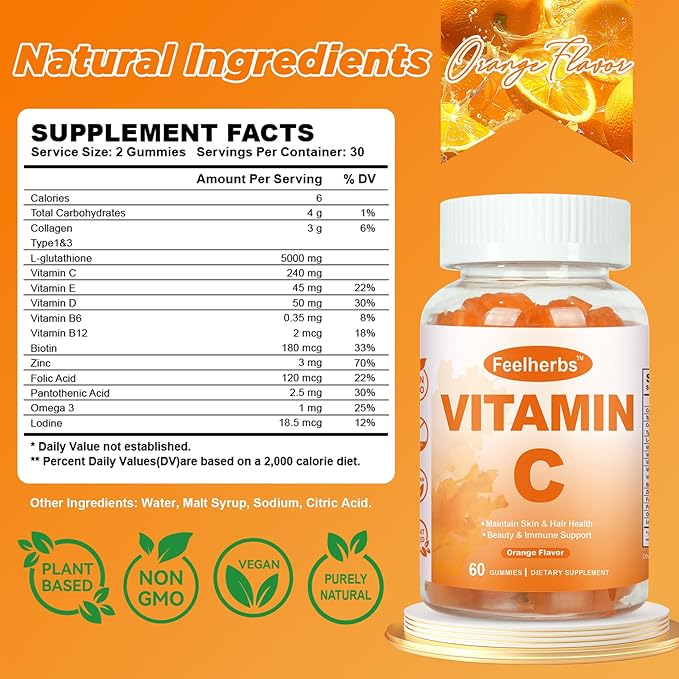 Chewable Vitamin C Gummies 240mg, Natural Orange Flavor Vitamin C for Adults Energy & Immune Support with Collagen, Glutathione, Zinc & Omega-3, 60 Counts