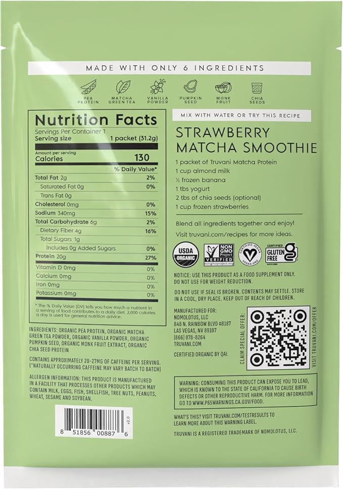 Truvani Vegan Pea Protein Powder | Matcha | 20g Organic Plant Based Protein | 1 Serving | Keto | Gluten & Dairy Free | Low Carb | No Added Sugar