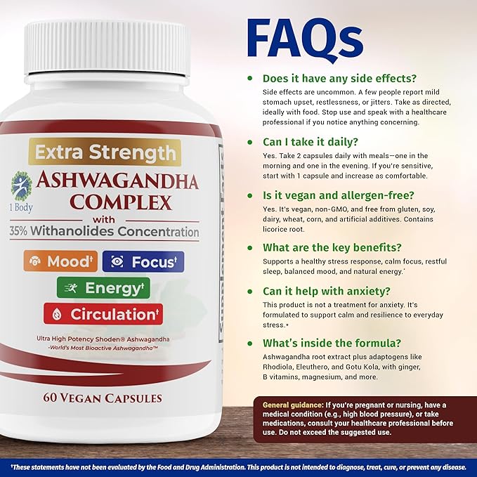 1 Body Adrenal Support Supplement – Ashwagandha Adrenal Complex for Stress, Energy & Mood – Adaptogens with Rhodiola, Eleuthero & B Vitamins – Adrenal Fatigue Support – 60 Vegan Capsules