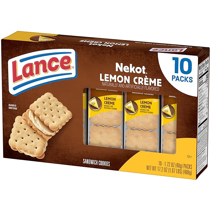 Lance Sandwich Cookies, Nekot Lemon Creme, 10 Individually Wrapped Packs, 6 Sandwiches Each