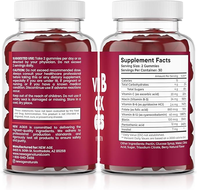 NEW AGE Vitamin B Complex Gummies with Vitamin B3, B6 & B12 – with Biotin, Folic Acid & Vitamin C – Gluten-Free, Vegan, Made in The USA! (180 Count (Pack of 3))