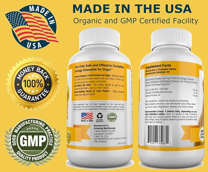Amazing Omega 3 for Dogs - Fish Oil Supplement 120 Bacon Chews - Dog Vitamins for Itchy Skin Relief, Dry Skin, Shedding & Coat - Omega Fatty Acids EPA DHA - Made in USA