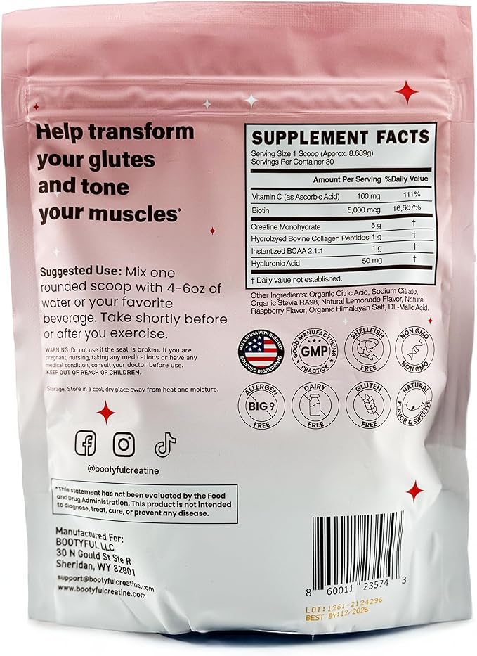 Creatine for Women – Booty Builder – Packed with Collagen, Biotin, BCAAs, Hyaluronic Acid, Vitamin C & Creatine Monohydrate Powder – Lean Muscle & Skin Hydration Support – Pink Lemonade, 30 Servings