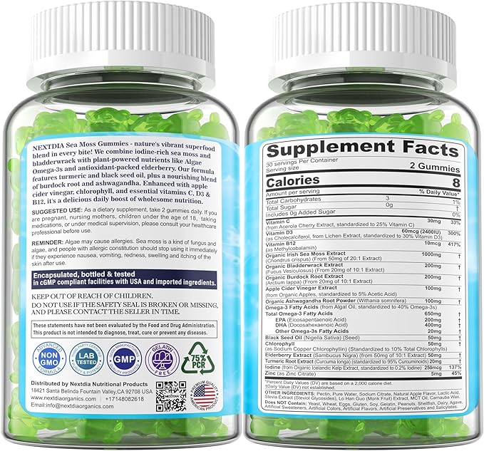 Sea Moss Gummies + Algae Omega-3 for Men Women, Sugar-Free Vegan 15-IN-1 Irish Seamoss Superfood with/EPA DHA, Vitamins B12 D3, Turmeric, Elderberry, Burdock Root, Support Energy, Brain, Immune 1 Pack