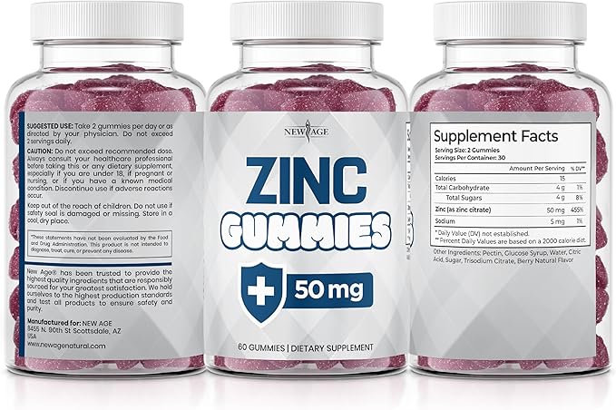 NEW AGE Zinc Gummies - 50mg Zinc Supplement, Immune Supplement, Antioxidant, Non-GMO (60 Count (Pack of 1))