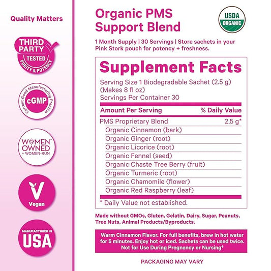 Pink Stork Organic PMS Tea for Hormone Balance, Mood Swings, Bloating, and Period Regularity - 8 Herbs - Vitex, Red Raspberry Leaf, Chamomile - Caffeine-Free - 15 Sachets, Hot or Iced