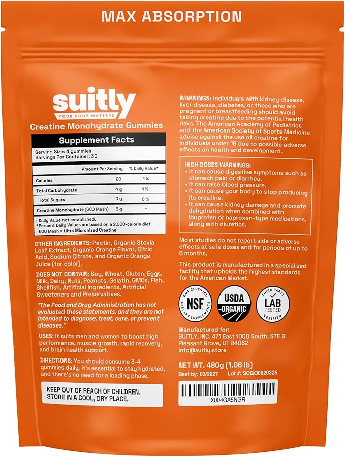 USDA Organic Ultra-Micronized Creatine Gummies for Men & Women; Orange Max Absorption 5g Creatine Gummies Sugar Free for Muscle Gain, Energy & Recovery; Muscle Builder for Women with Pouch - 120 Count