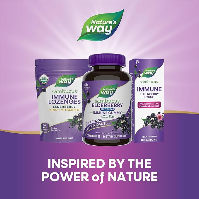Nature’s Way Sambucus Zero Sugar Immune Gummies, Daily Immune Support*, Black Elderberry Extract, Vitamin C, Vitamin D3, Zinc, Sugar Free, Sugar Alcohol Free, Plant-Based Sweeteners, 70 Gummies