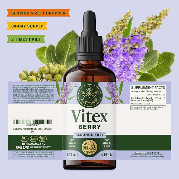 HERBAMAMA Vitex Chasteberry Supplement for Women - Natural Menopause Support* with Vitex Berry Tincture - Chaste Tree Berry Drops for Hormonal Balance & Cycle Support* - 84-Day Supply