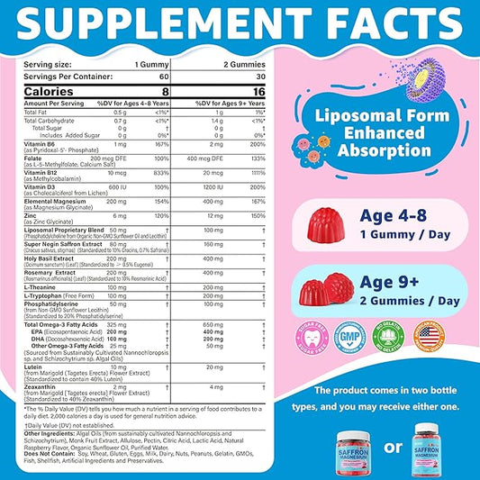 Saffron +Magnesium Glycinate +Omega-3 - Calm Focus Gummies for Kids 4+, Saffron Extract Supplement with L-Theanine, Holy Basil, Rosemary, B6, D3 for Happy Mood, Cognition, ZZz, Sugar Free, 2 Pack