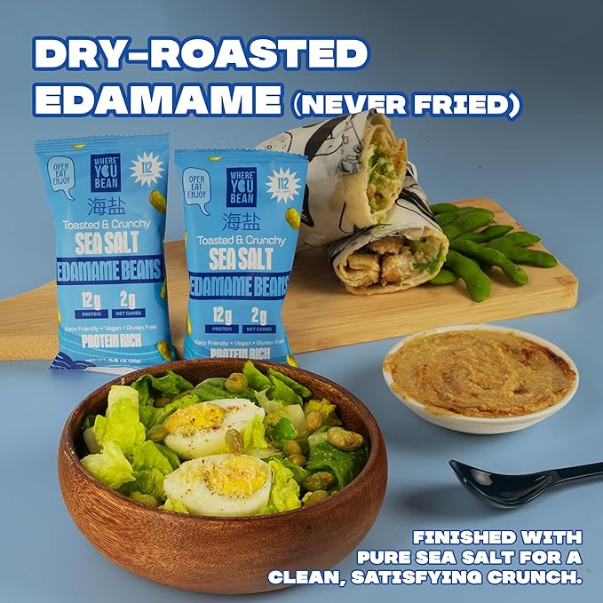 Where You Bean Edamame Beans Snack (Sea Salt) - Crunchy and Dry Roasted Edamame Beans - High Protein Snacks, Keto and Vegan Healthy Snacks for Adults & Low Carb Snack 0.9 oz (Pack of 8)