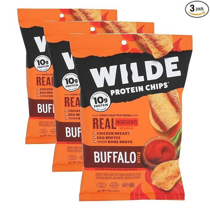 Wilde Snacks Chips Protein Buffalo 4 OZ,(Pack of 3)
