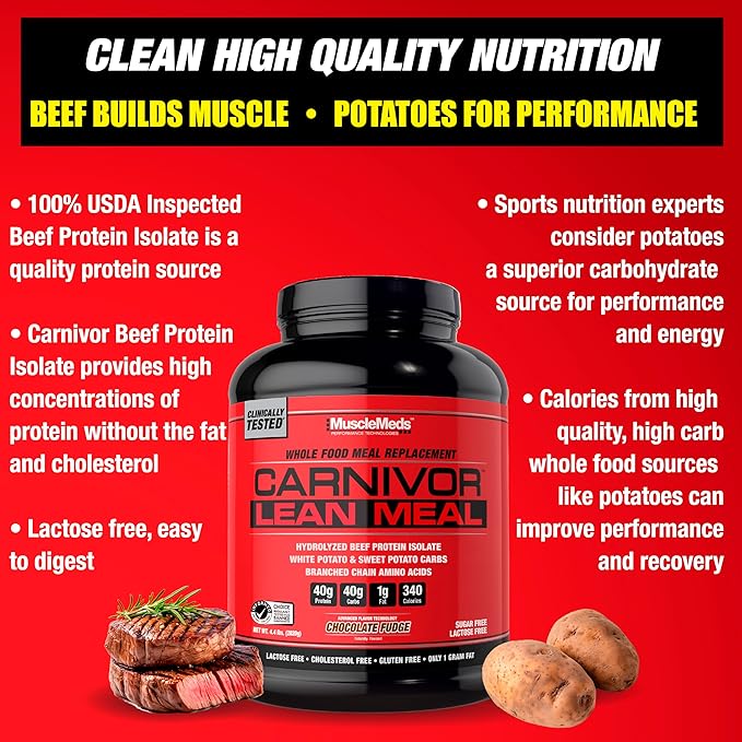 MuscleMeds CARNIVOR Lean Meal Whole Food Meal Replacement Shake, MRE, Beef Protein Isolate, White Potato, Sweet Potato, 40g Protein, 40 g Carbs, Lactose Free, Sugar Free, Chocolate Fudge 20 Servings
