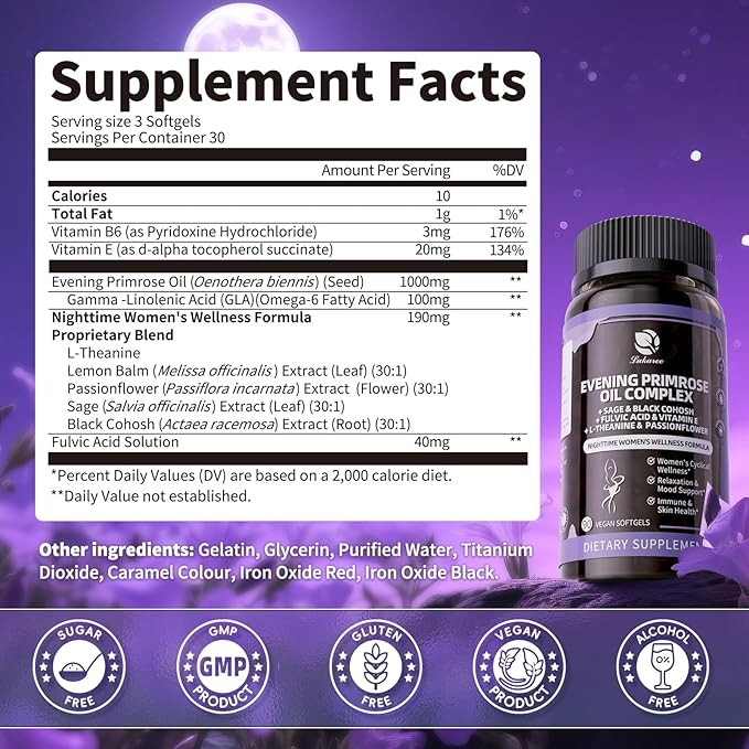 Lukaree Evening Primrose Oil Complex for Women – Hormone Wellness with Cold-Pressed EPO, 10% GLA, Sage, Fulvic Acid, L-Theanine – Supports Cyclical Balance, Mood, Skin & Immune Health, 90 Softgels