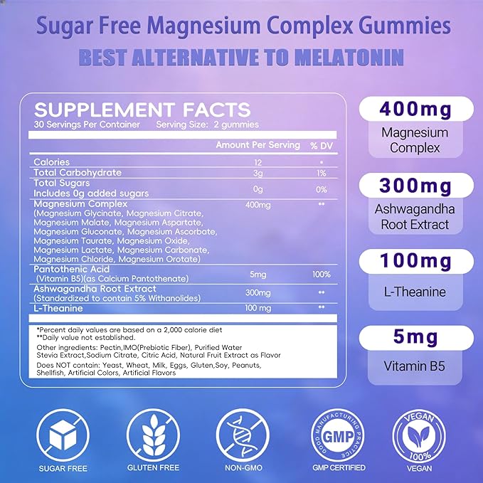 Magnesium Sleep Gummies 400mg – Calm Magnesium Complex Gummies for Sleep Support & Relaxation with L-Theanine & Ashwagandha – Non Melatonin, Sugar Free Vegan, 60 Count