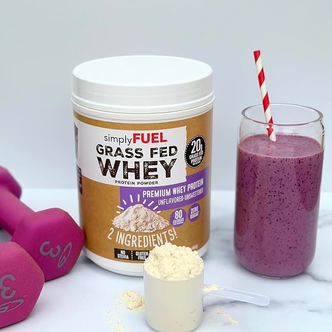 simplyFUEL 100% Grass-Fed Whey Protein Powder, Unflavored, Unsweetened, Zero Sugar or Carbs, Clean, Gluten-Free Protein, 20 g Protein per Serving, 1 lb