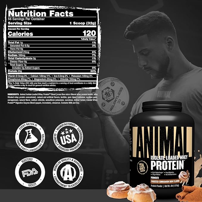 Animal Whey Isolate Protein Powder - Loaded for Pre & Post Workout Muscle Builder and Recovery with Digestive Enzymes for Men & Women - 25g Protein, Great Taste, Low Sugar - Frosted Cinnamon Bun 4 lbs