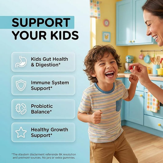Clean Nutra Kids Probiotics Gummies with Prebiotics, Postbiotics, Digestive Enzymes, Akkermansia, Boswellia Serrata, Turmeric, Chicory – 60 Count – Plant-Based Supplement for Kids – PeachPop Flavor