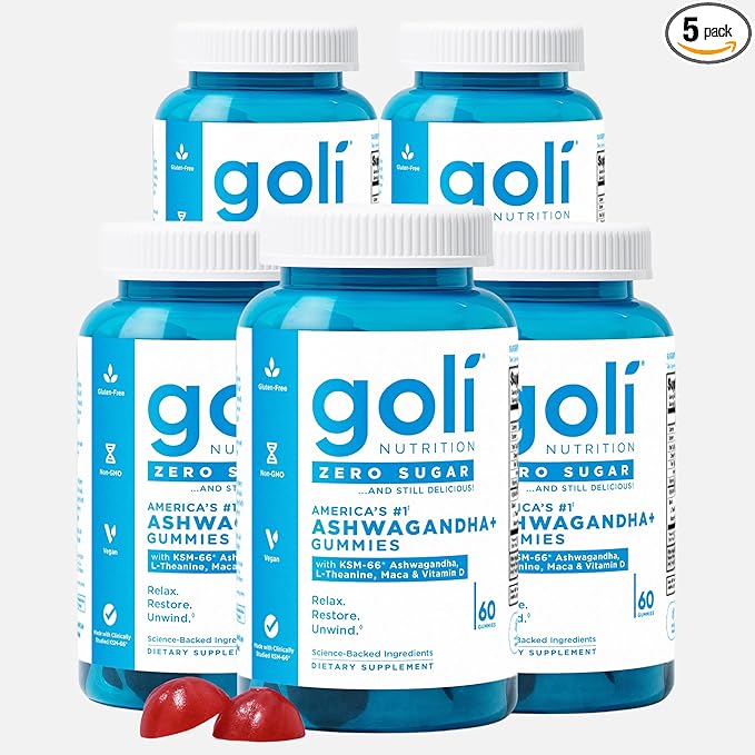 Goli Zero Sugar Ashwagandha Gummies, 60 Count Each (5 Pack, 300 Total) – with KSM-66, L-Theanine, Maca and Vitamin D - No Sugar Alcohols - Vegan, Keto-Friendly, Non-GMO