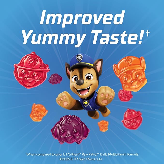 L’il Critters Paw Patrol Gummy Vites Daily Gummy Multivitamin for Kids, Vitamin C, D3 for Immune Support Cherry, Orange and Blueberry Flavors, 60 Gummies