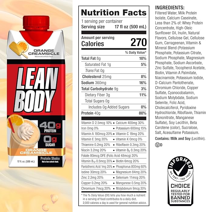 LABRADA Lean Body Ready-to-Drink Orange Creamsicle Protein Shake, 40g Protein, Whey Blend, 0 Sugar, Gluten Free, 22 Vitamins & Minerals, 17 Fl Oz (Pack of 12)