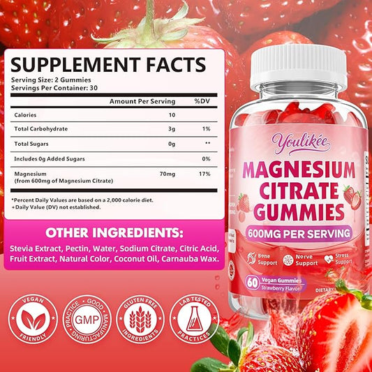 2 Pack Magnesium Citrate Gummies, High Absorption Magnesium Gummies for Adults, Magnesium Supplement to Support Natural Relaxation, Vegan, Sugar-Free, Strawberry Flavor, 120 Count