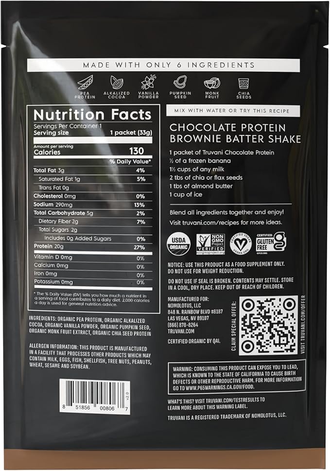 Truvani Vegan Pea Protein Powder | Chocolate | 20g Organic Plant Based Protein | 1 Serving | Keto | Gluten & Dairy Free | Low Carb | No Added Sugar