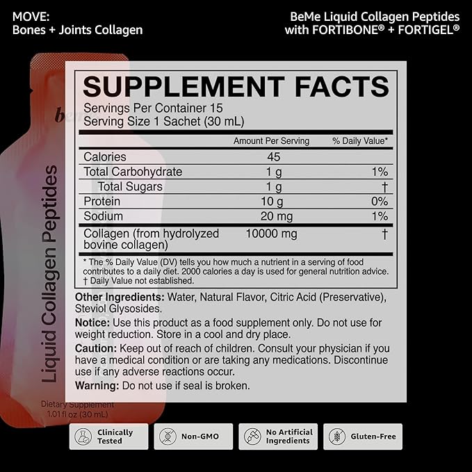 BeMe Wellness FORTIBONE Collagen Peptides - Liquid Collagen for Joint & Bone Health with 10,000mg FORTIBONE & FORTIGEL - Ready to Drink Sachets, Backed by Clinical Studies, Bone Density - 15 Servings