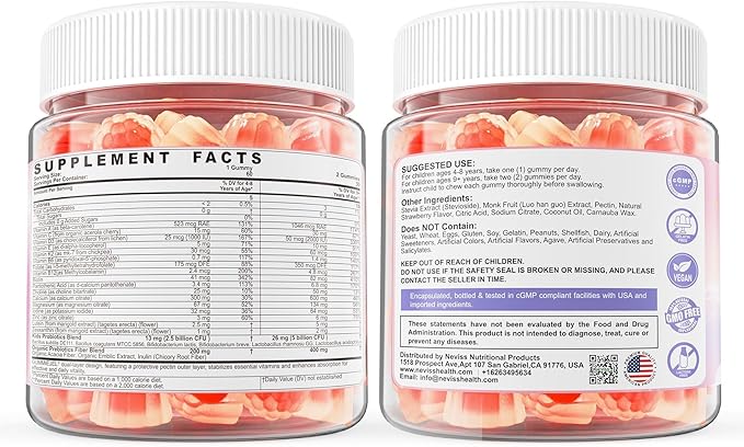 Kids Multivitamin Gummies + Calcium, Probiotics, Vitamin D3, C, Methylated B12 & Methylfolate, B6, A, K2, E, Zinc, Prebiotics for Children Ages 4+, Clean & Sugar Free, for Nutritional Support, 120 Cts