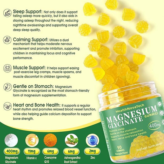 Magnesium Glycinate Gummies 400mg with Ashwagandha, CoQ10, Zinc & Vitamin C - Women Men Adults & Kids 4+ - Sugar Free Vegan Gummies for Sleep, Relaxation & Stress Relief-Pineapple Flavor, 90 Count