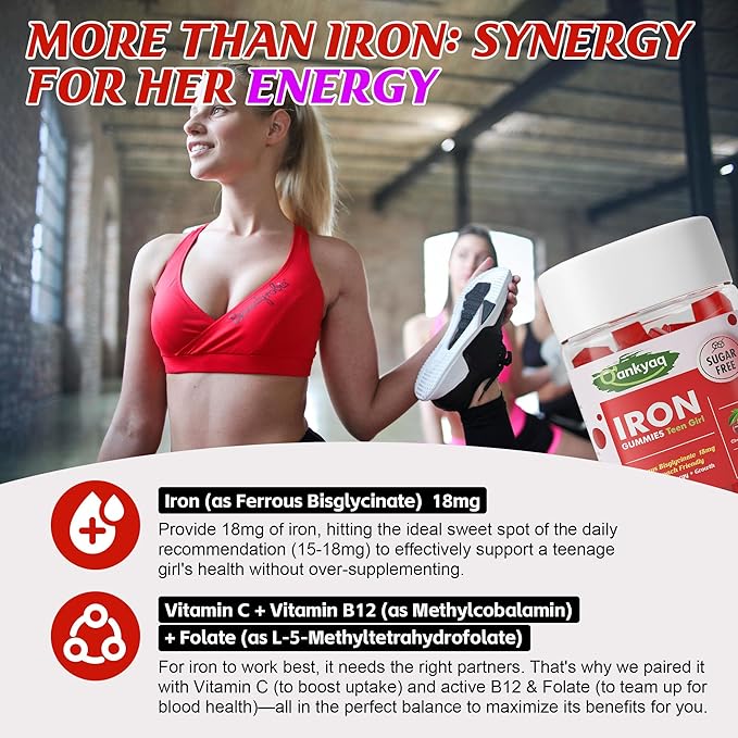 Iron Gummies for Teen Girls, Gentle Iron Bisglycinate with Vitamin C, Iron Supplement Plus Folate, Energy & Anemia Support, Chewable, Sugar Free, 60 Gummies